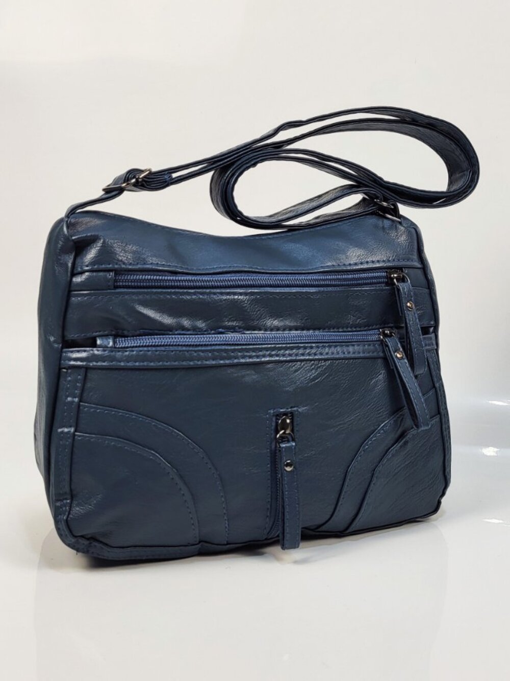 Vegan Shoulder Bag Travel Crossbody Zipper Pockets Blue Leather Adjustable Strap
